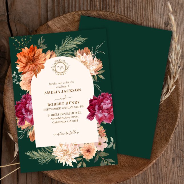 Emerald green and burgundy floral fall wedding invitation (Creator Uploaded)