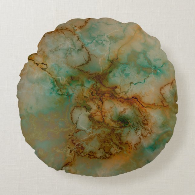 Emerald Green and Copper Gold Marble Round Pillow (Front)