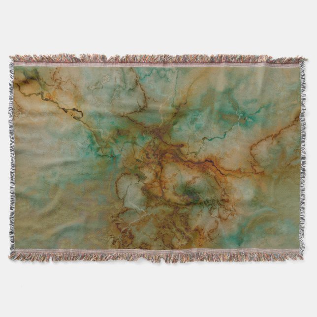 Emerald Green and Copper Gold Marble Throw Blanket (Front)