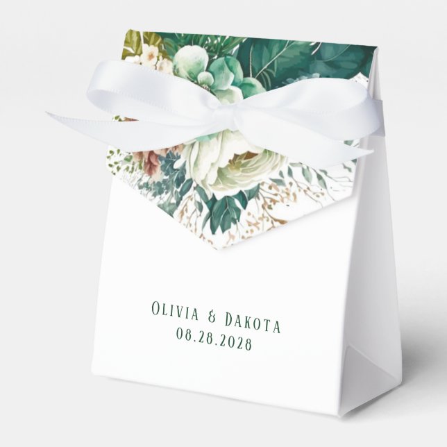 Emerald Green and Cream Florals Wedding Favor Box (Front Side)