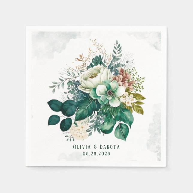 Emerald Green and Cream Florals Wedding Napkin (Front)