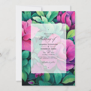 Emerald Green and Fuschia Floral Wedding Invitation