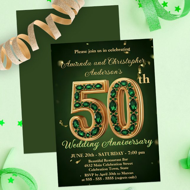 Emerald Green and Gold 50th Wedding Anniversary Invitation (Creator Uploaded)