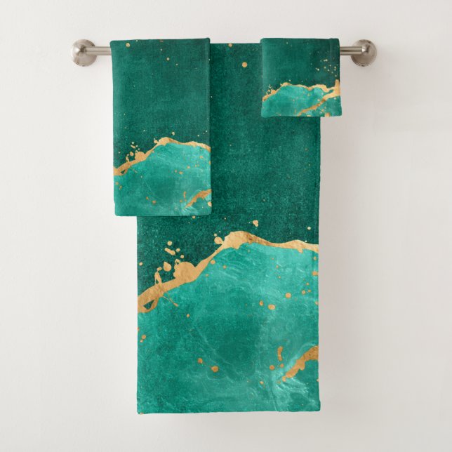 Emerald Green and Gold abstract Bath Towel Set (Insitu)