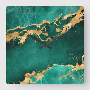 Emerald Green and Gold abstract Square Wall Clock