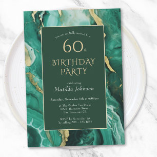 Emerald Green and Gold Agate 60th Birthday Invitation