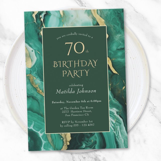 Emerald Green and Gold Agate 70th Birthday Invitation (Emerald Green and Gold Agate 70th Birthday Invitation)