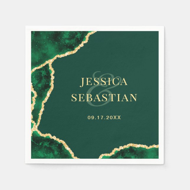 Emerald Green and Gold Agate Elegant Wedding  Napkin (Front)
