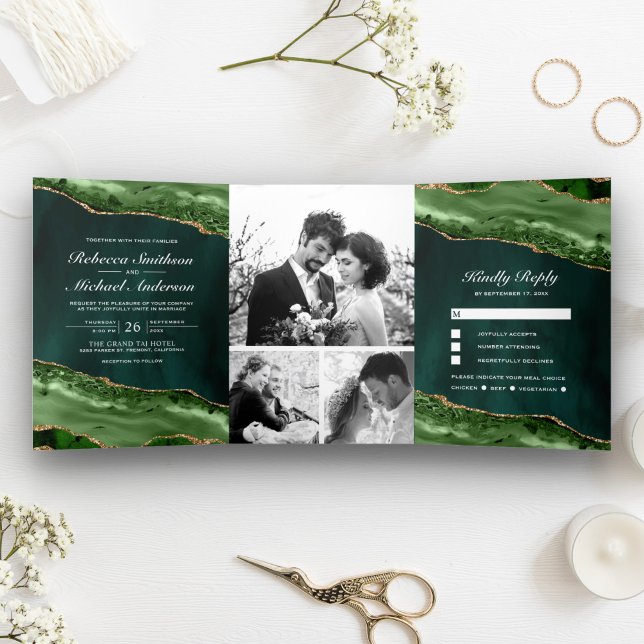Emerald Green and Gold Agate Photo Collage Wedding Tri-Fold Invitation (Creator Uploaded)