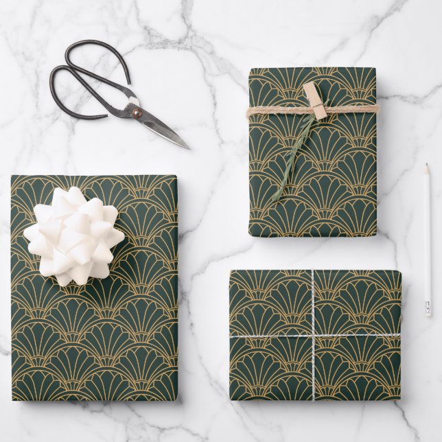 Emerald Green and Gold Art Deco Fan Flower Motif Wrapping Paper Sheet (Front)