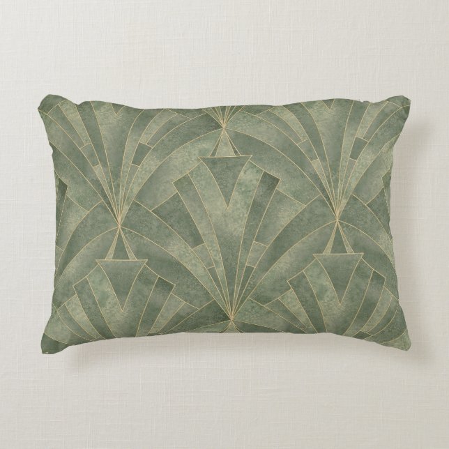 Emerald Green and Gold Art Deco Pattern Accent Pillow (Front)