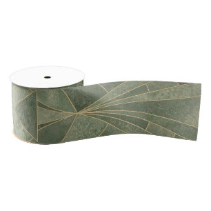 Emerald Green and Gold Art Deco Pattern Grosgrain Ribbon