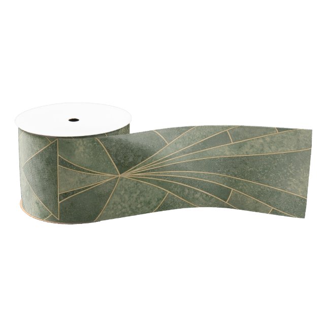 Emerald Green and Gold Art Deco Pattern Grosgrain Ribbon (Spool)