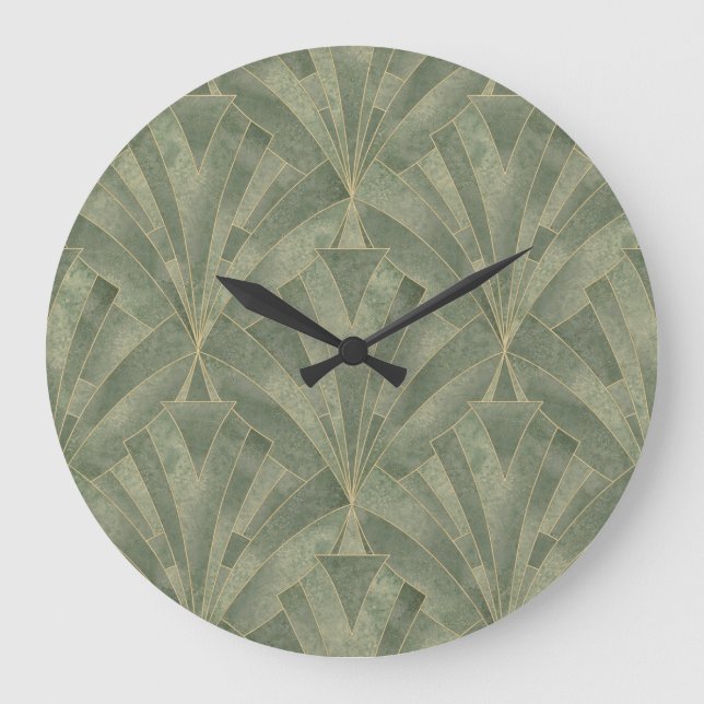 Emerald Green and Gold Art Deco Pattern Large Clock (Front)