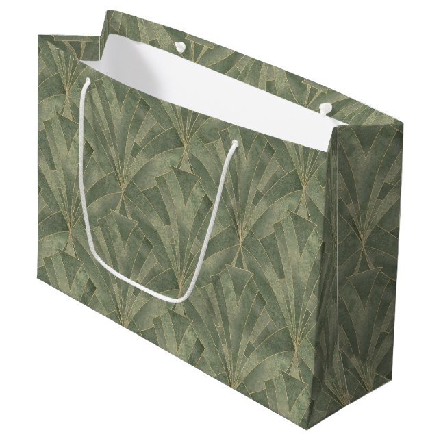 Emerald Green and Gold Art Deco Pattern Large Gift Bag (Front Angled)