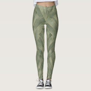 Emerald Green and Gold Art Deco Pattern Leggings