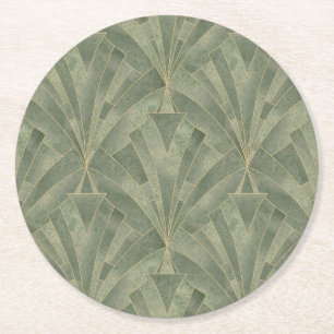 Emerald Green and Gold Art Deco Pattern Round Paper Coaster