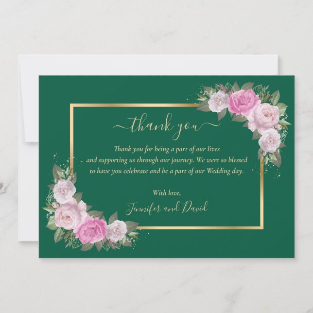 Emerald Green and Gold Blush Floral Thank You Card (Front)