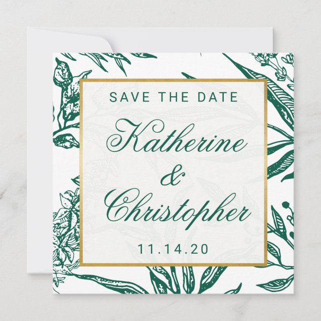 Emerald Green and Gold Botanical Save the Date (Front)