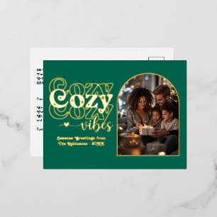 Emerald Green and Gold Cozy Vibes Retro Christmas Foil Holiday Postcard