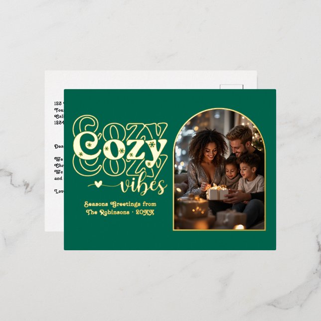 Emerald Green and Gold Cozy Vibes Retro Christmas Foil Holiday Postcard (Front/Back)