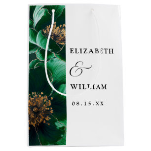 Emerald Green And Gold Elegant Chic Floral Wedding Medium Gift Bag