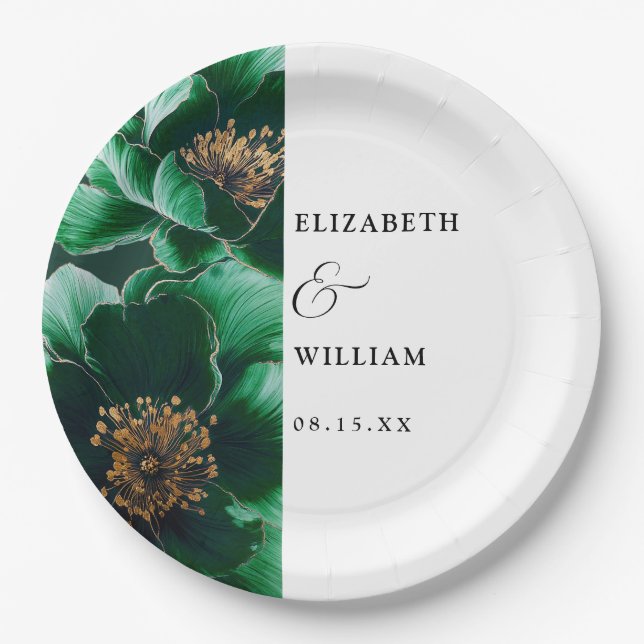 Emerald Green And Gold Elegant Floral Wedding Paper Plate (Front)