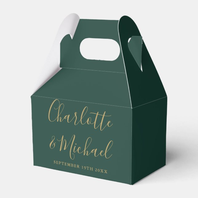 Emerald Green And Gold Elegant Script Wedding Favor Box (Front Side)