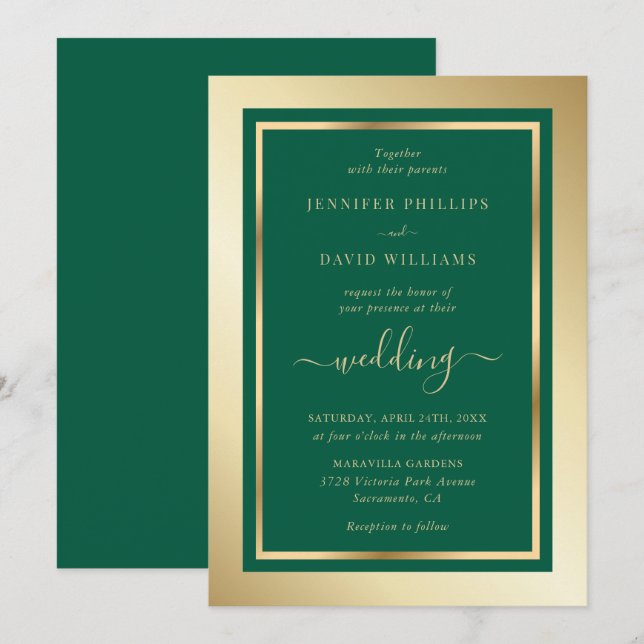 Emerald Green and Gold Elegant Script Wedding Invitation (Front/Back)