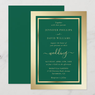Emerald Green and Gold Elegant Script Wedding Invitation
