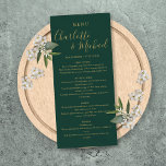 Emerald Green And Gold Elegant Script Wedding Menu<br><div class="desc">Elegant emerald green and gold signature wedding menu card featuring signature style names,  this modern menu card can be personalized with your information in chic gold lettering. Designed by Thisisnotme©</div>
