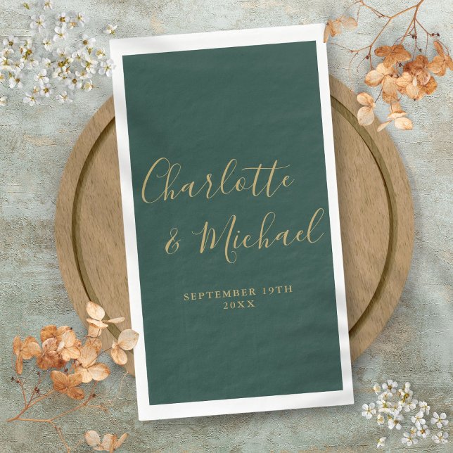 Emerald Green And Gold Elegant Script Wedding Napkin (Emerald Green And Gold Elegant Script Wedding Paper Guest Towels)