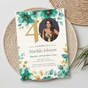 Emerald Green and Gold Floral 40th Birthday Invitation