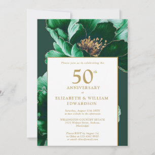 Emerald Green And Gold Floral 50th Anniversary Invitation