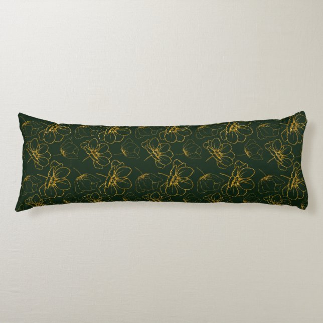 Emerald Green and Gold Floral Body Pillow (Front)