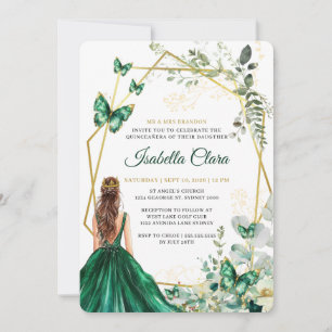 Emerald Green and Gold Floral Princess Quinceanera Invitation