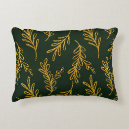 Emerald Green and Gold Floral Sprig Lumbar Accent Pillow