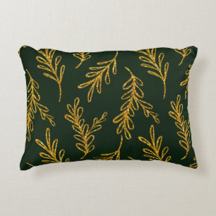 Emerald Green and Gold Floral Sprig Lumbar Accent Pillow