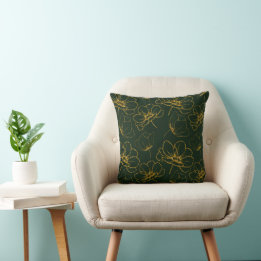 Emerald Green and Gold Floral Throw Pillow
