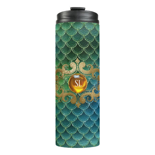 Emerald Green and Gold Gemstone Mermaid Scales Thermal Tumbler (Front)