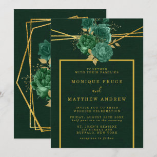 Emerald Green and Gold Geometric Floral Wedding Invitation