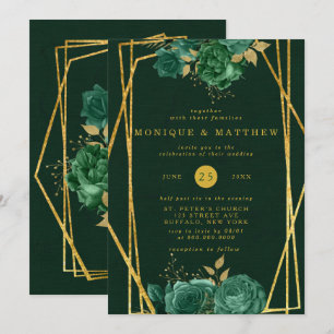 Emerald Green and Gold Geometric Floral Wedding Invitation