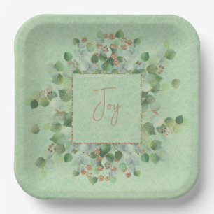 Emerald Green and Gold Glitter Eucalyptus Custom Paper Plate