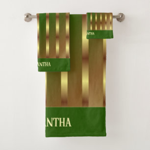 Emerald Green And Gold Gradient Stripes Name Bath Towel Set