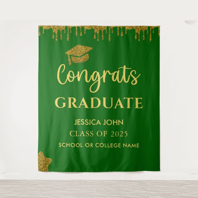 Emerald Green And Gold Graduation Photo Backdrop Tapestry (Front)