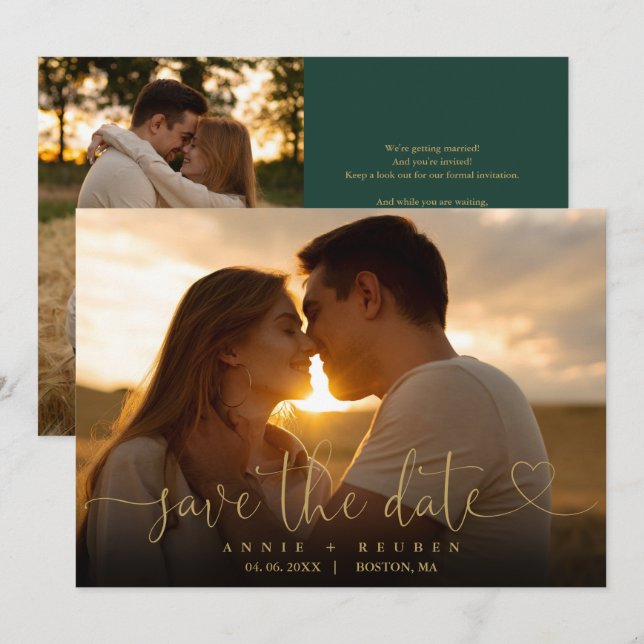Emerald Green And Gold Heart Script Photo Wedding Save The Date (Front/Back)