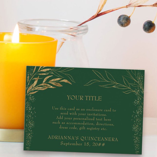 Emerald Green and Gold Leaf Custom Enclosure (Quinceanera Reception Card in emerald green from my Gold Leaf Collection)