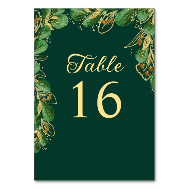 Emerald Green and Gold Leaf Elegant Wedding Table Number (Front)