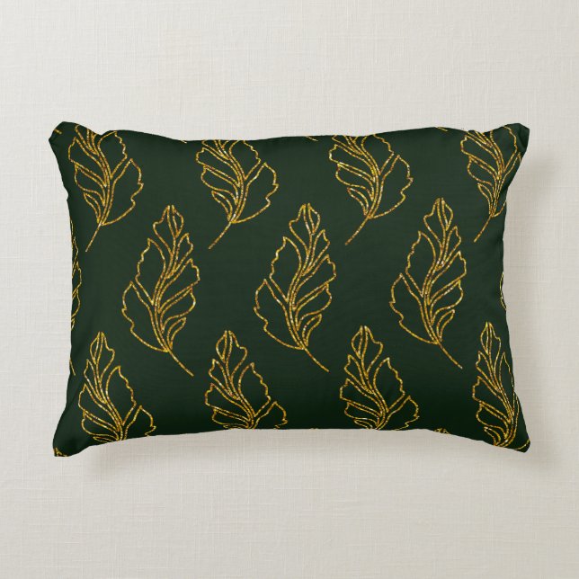 Emerald Green and Gold Leaf Lumbar Throw Pillow (Front)