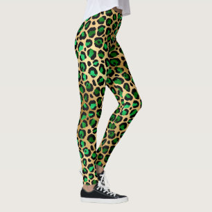 Emerald Green and Gold Leopard Print Leggings